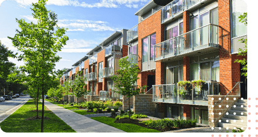 Rue arborée avec un immeuble sur la droite